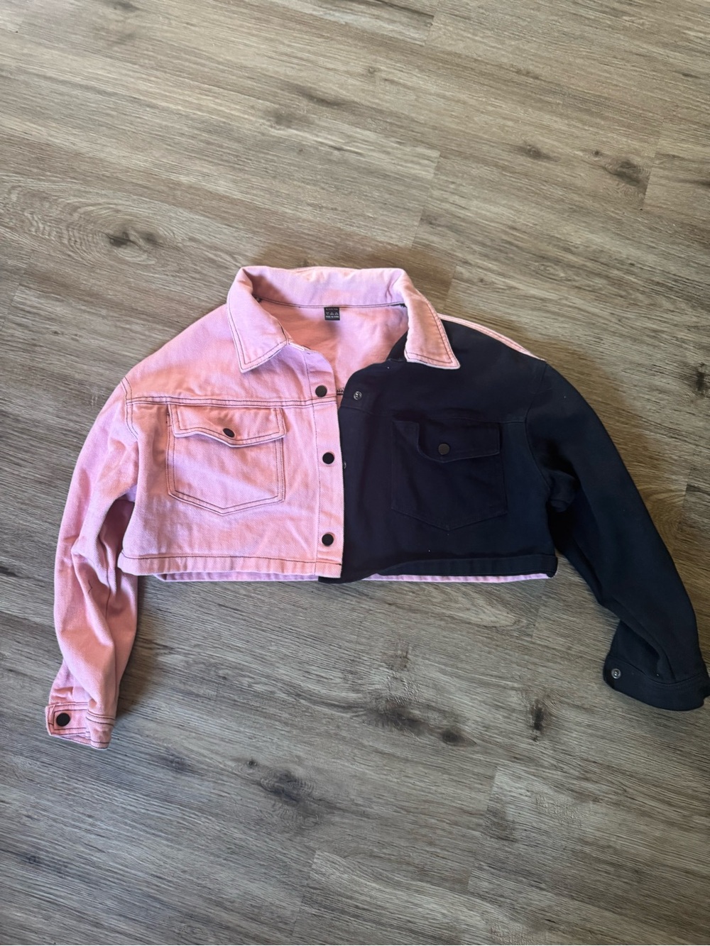 SHEIN Pink and Black Colorblock Cropped Denim Jacket